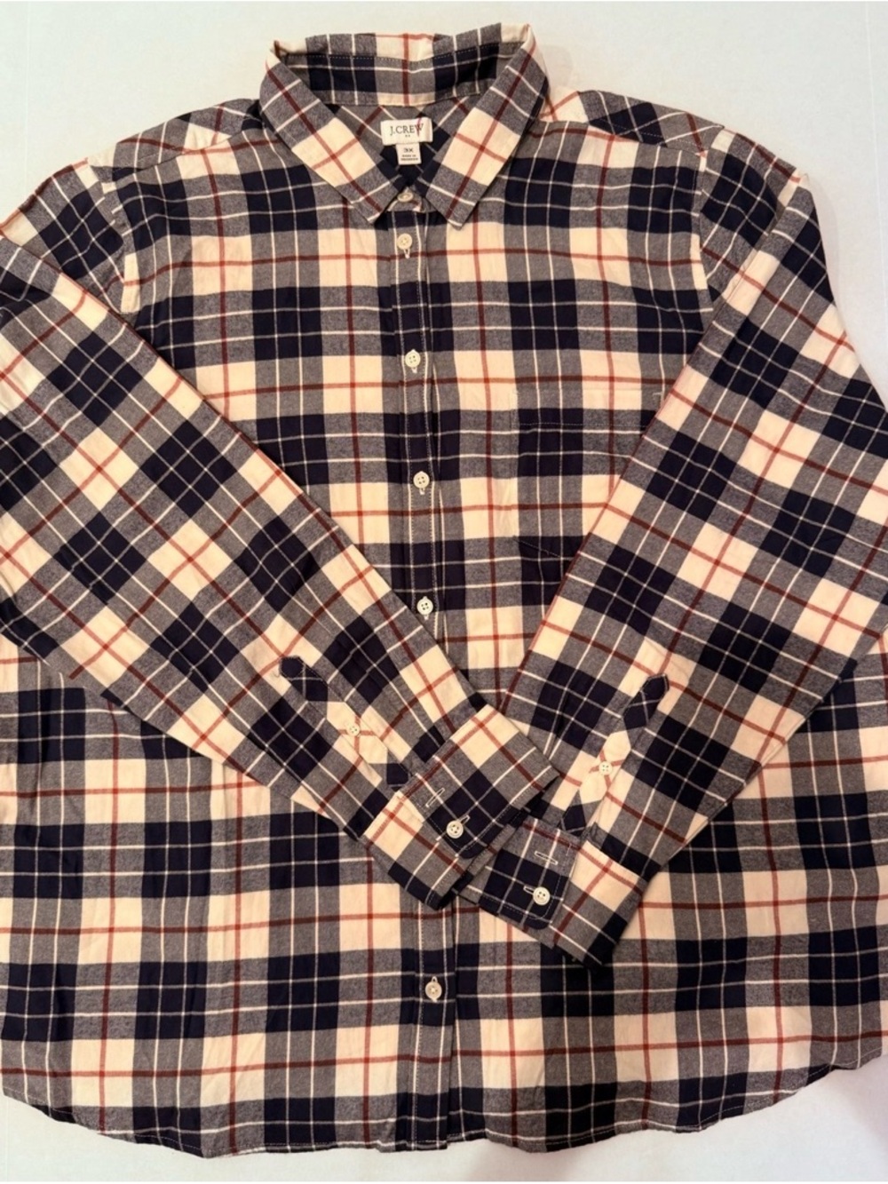 J CREW Flannel Shirt Men's 3XL Red Blue Tan Window Pane Check Plaid Preppy
